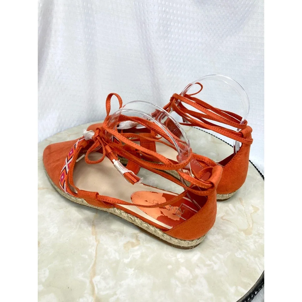Nine West Ultrao Lace Up Espadrille Flats Womens 6.5 Orange Geometric Boho NWT